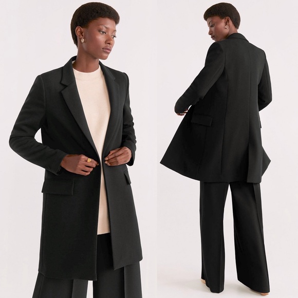 Mango Sugus Long Synthetic Coat Jacket Button Pockets Shoulder Pads Black NEW - Picture 1 of 6